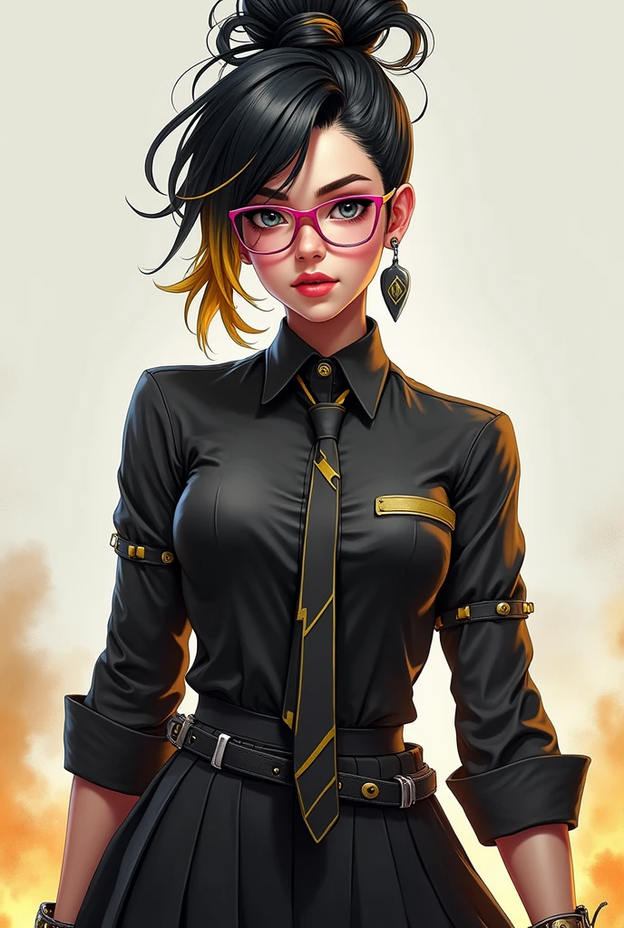 Free Fire game style female character, with black and gold hair half tied up and half loose on top of her head, wearing a black rocker style blouse with a tie, black skirt wearing pink glasses