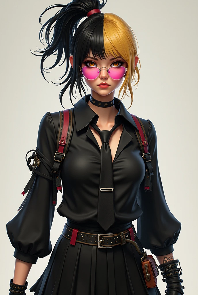 Free Fire game style female character, with black and gold hair half tied up and half loose on top of her head, wearing a black rocker style blouse with a tie, black skirt wearing pink glasses