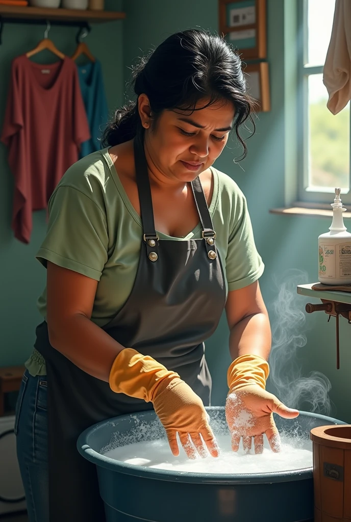 35 year old Mexican cleaning lady, washing clothes