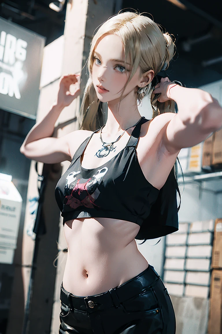 Realistic:1.2, Rocker girl in leather jacket,Slim figure、Normal bust size、 highly Realistic photograph, whole body, Browsing Caution, Spiked clothing,White tank top、Navel exposed、Leather high leg bikini pants、tattoo,Earrings Dark lipstick, blue eyes,Blonde twin tails,Black Ribbon, Beautiful and perfect legs, Confident expression, Punk Style ,Dynamic pose, Dynamic Lighting, Bright colors, Large Breasts, (Adult female body),Narrow waist,Tall