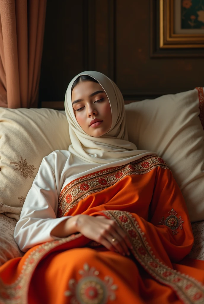 A beautiful burqa women with wearing saree and sleeping in a bed