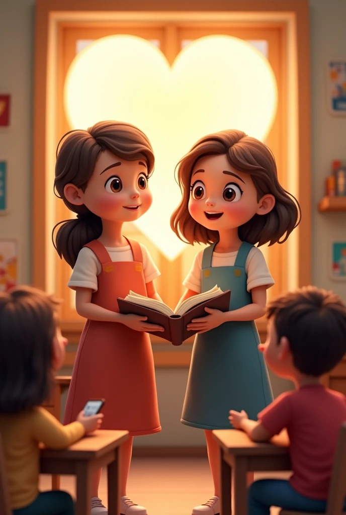 Two women holding a bible with children on either side and a heart behind them in the background in Sunday school in animated cartoons