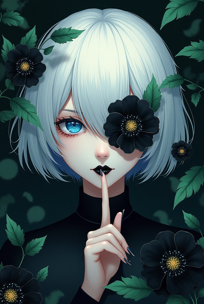 An Acrylic style painting that is expressive, gives it a dynamic and emotional quality. Anime art of a stylized portrait of a woman with a ethereal black and green mist surrounding her body. The mist creates a dramatic and surreal effect. A black flower, that is blooming, covering one eye, attached to the face. The woman has a cold aesthetic, complimented by her white hair. Anime art of woman draped in shadows with a lighting that enhances her unique features.
The background is dark green, filled with black rose petals.
Holding finger to lips, shush, shushing motion,