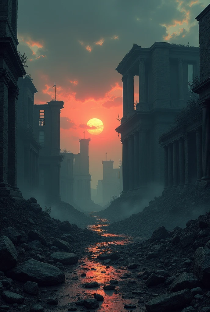 Dark world with ruined buildings and symbols of philosophy and politics facing global threats. In the background a dark sunset with apocalyptic colors. With books on politics and ethics