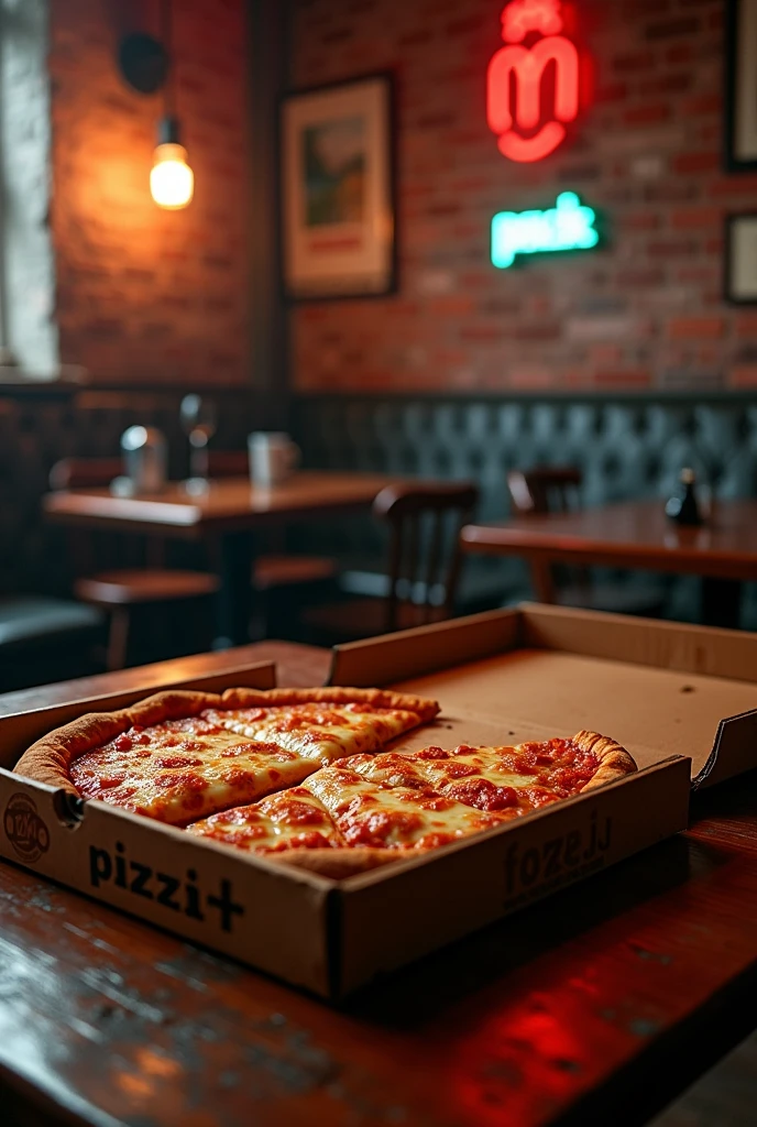 Estilo Hard Rock anos 80's. A rock pub, a table in front with a half-open mozzarella pizza box, missing slices and runny cheese. On the lid of the pizza box there is a logo with the name: "pizzIA"