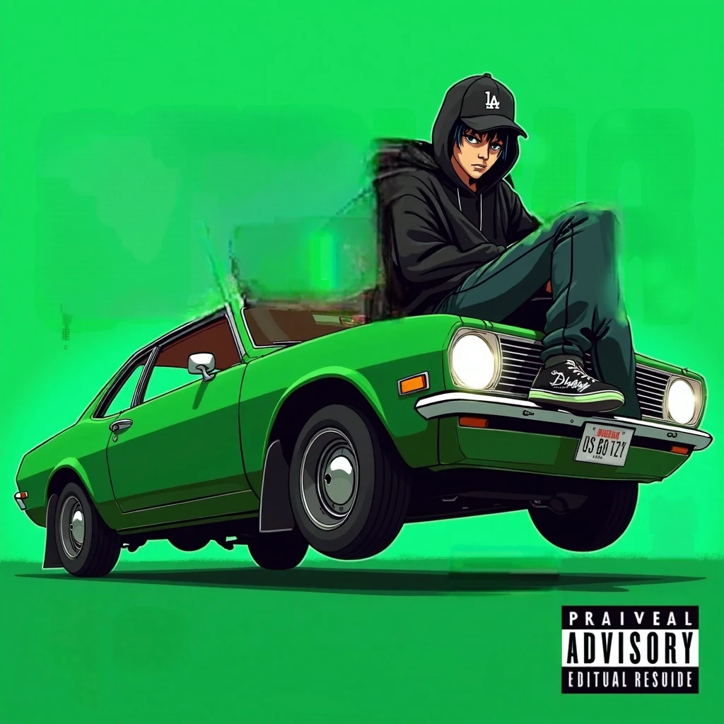 
Image of a man sitting on the bonnet of a car, Yoshihiko Wada&#39;s album cover, winner of the behance contest, Doodle, official artwork, rap album cover, hip - hop album art cover, colored album art, hip hop music album cover, rap album cover art, official fanart, GTA Cover, hip hop album cover, album art cover, G-FUNK Hip Hop album cover, green background, green car, with the words 'If WONA behemes a gangster' on the back of the picture, an Asian teenager wearing a black LA hoodie, a black LA ball cap with a deep press and a wide pair of jeans down, a troublemaker boy sits on the bonnet of a car and lets the car out to the side