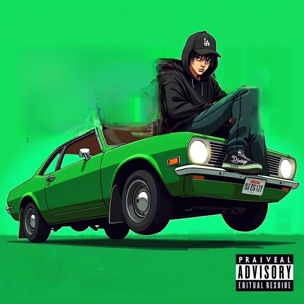 Image of a man sitting on the bonnet of a car, Yoshihiko Wada's album cover, winner of the behance contest, Doodle, official artwork, rap album cover, hip - hop album art cover, colored album art, hip hop music album cover, rap album cover art, official fanart, GTA Cover, hip hop album cover, album art cover, G-FUNK Hip Hop album cover, green background, green car, with the words 'If WONA behemes a gangster' on the back of the picture, an Asian teenager wearing a black LA hoodie, a black LA ball cap with a deep press and a wide pair of jeans down, a troublemaker boy sits on the bonnet of a car and lets the car out to the side