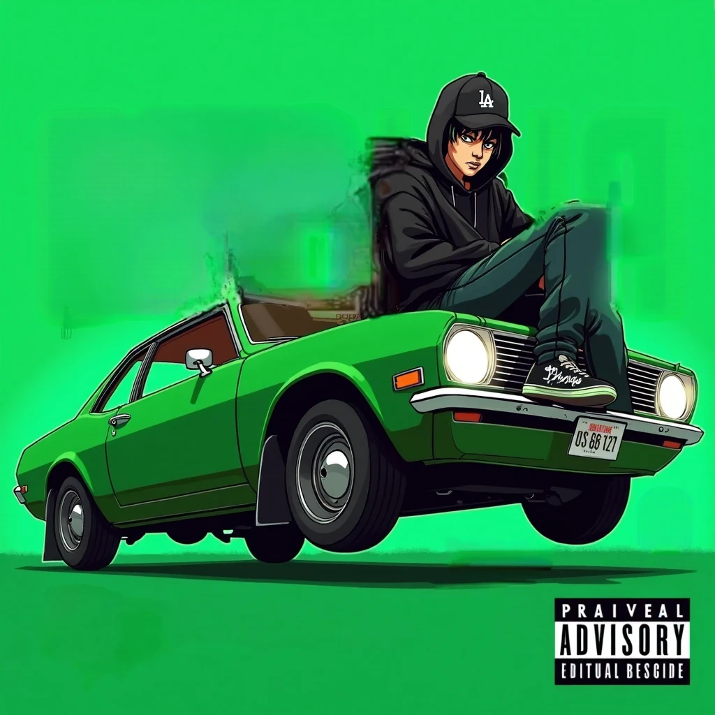 Image of a man sitting on the bonnet of a car, Yoshihiko Wada's album cover, winner of the behance contest, Doodle, official artwork, rap album cover, hip - hop album art cover, colored album art, hip hop music album cover, rap album cover art, official fanart, GTA Cover, hip hop album cover, album art cover, G-FUNK Hip Hop album cover, green background, green car, with the words 'If WONA behemes a gangster' on the back of the picture, an Asian teenager wearing a black LA hoodie, a black LA ball cap with a deep press and a wide pair of jeans down, a troublemaker boy sits on the bonnet of a car and lets the car out to the side