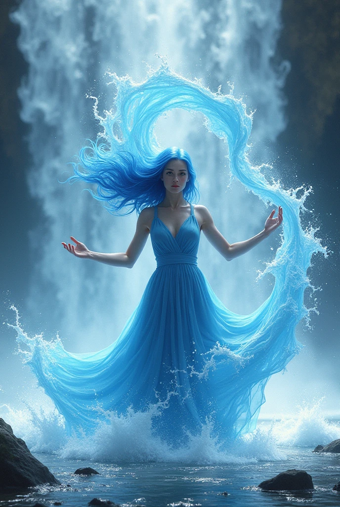 A woman with blue hair and a blue dress, in a waterfall, controlling water with his hydrokinetic powers