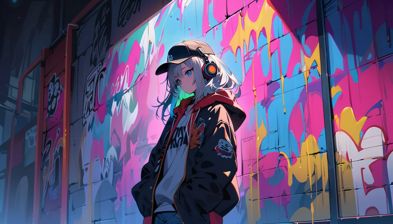 HD 8K Handsome Cute, Lonely, 1 female, Medium length hair, Gray Hair, Rainbow Hair, blue eyes, Rainbow Headphones, hoodie, colored hoodie, Trucker Hat, Hip hop style large hooded jacket, Denim shorts, human center, Outdoor, White clouds at night, HD 8K Outdoor, White clouds at night, graffiti famous spray art wall,