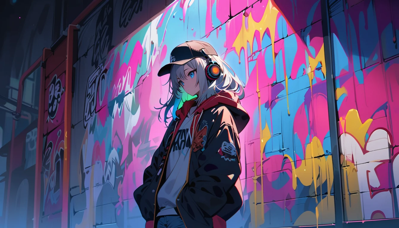 HD 8K Handsome Cute, Lonely, 1 female, Medium length hair, Gray Hair, Rainbow Hair, blue eyes, Rainbow Headphones, hoodie, colored hoodie, Trucker Hat, Hip hop style large hooded jacket, Denim shorts, human center, Outdoor, White clouds at night, HD 8K Outdoor, White clouds at night, graffiti famous spray art wall,