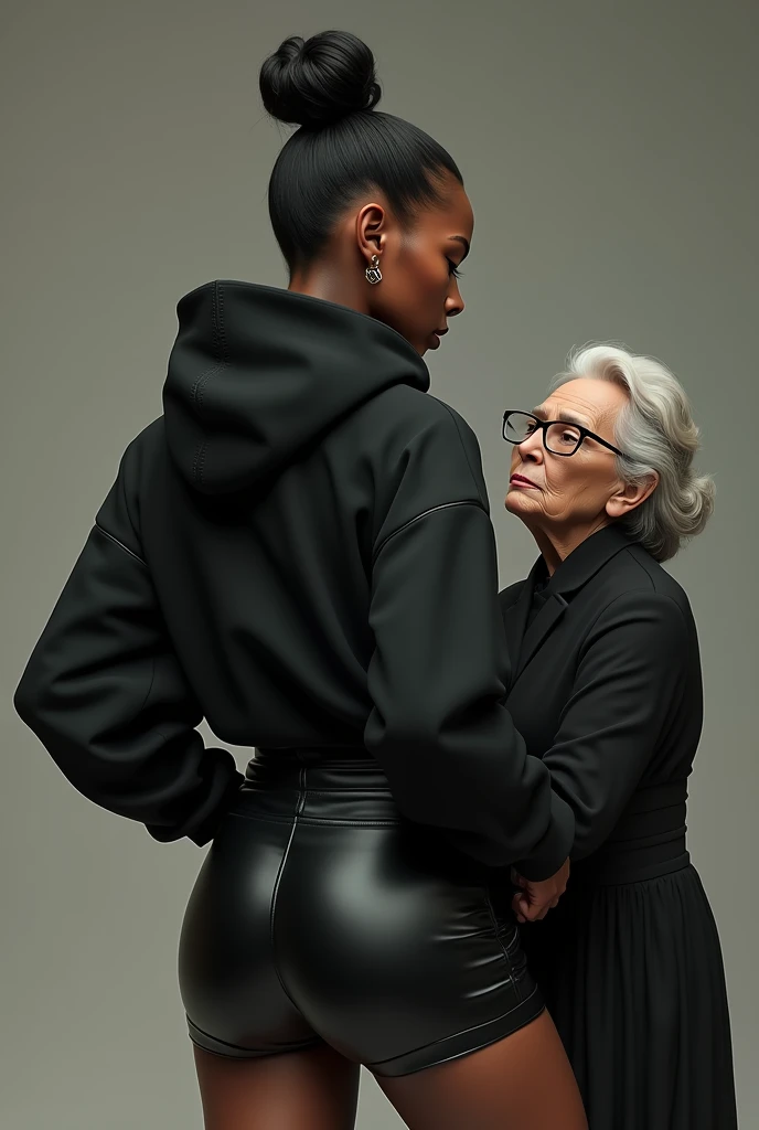 black woman hair in a bun black hoodie black leather short shorts a old grandma in a dress on her knees kissing her ass behind her