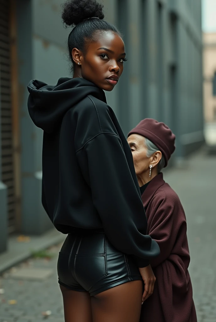 black woman hair in a bun black hoodie   black leather short shorts   a old grandma in a dress on her knees kissing her ass behind her


       