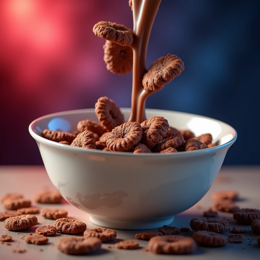 It shows a crunchy cereal with only chocolate flakes and milk falling into a bowl on a blurred red and blue background:0.8