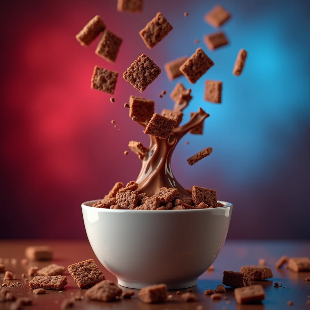 It shows a crunchy cereal with only chocolate flakes and milk falling into a bowl on a blurred red and blue background:0.8