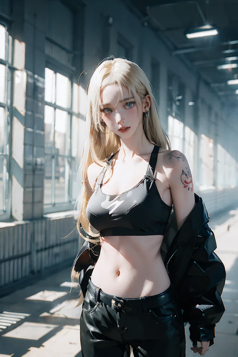 Realistic:1.2, Rocker girl in leather jacket,Slim figure、Normal bust size、 highly Realistic photograph, whole body, Browsing Caution, Spiked clothing,White tank top、Navel exposed、Leather high leg bikini pants、tattoo,Earrings Dark lipstick, blue eyes,Blonde twin tails,Black Ribbon, Beautiful and perfect legs, Confident expression, Punk Style ,Dynamic pose, Dynamic Lighting, Bright colors, Large Breasts, (Adult female body),Narrow waist,Tall