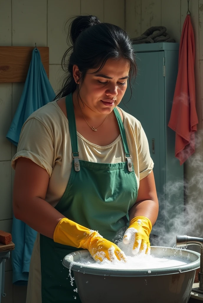 35 year old Mexican cleaning lady, washing clothes