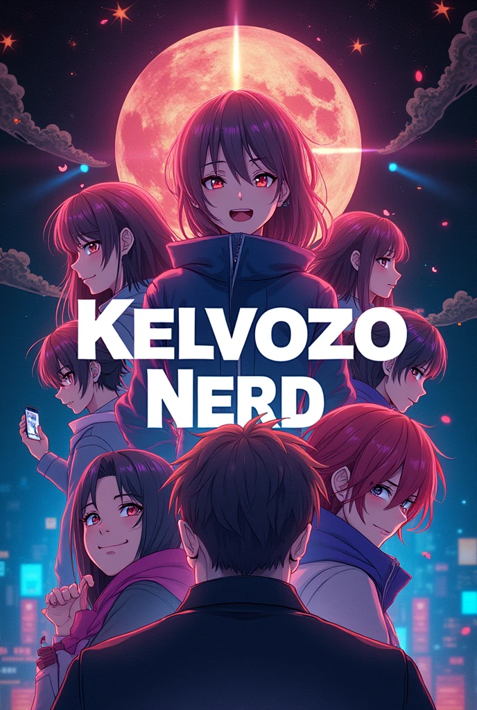 Create a back cover for YouTube with the words kelvozo nerd and anime characters around the name

