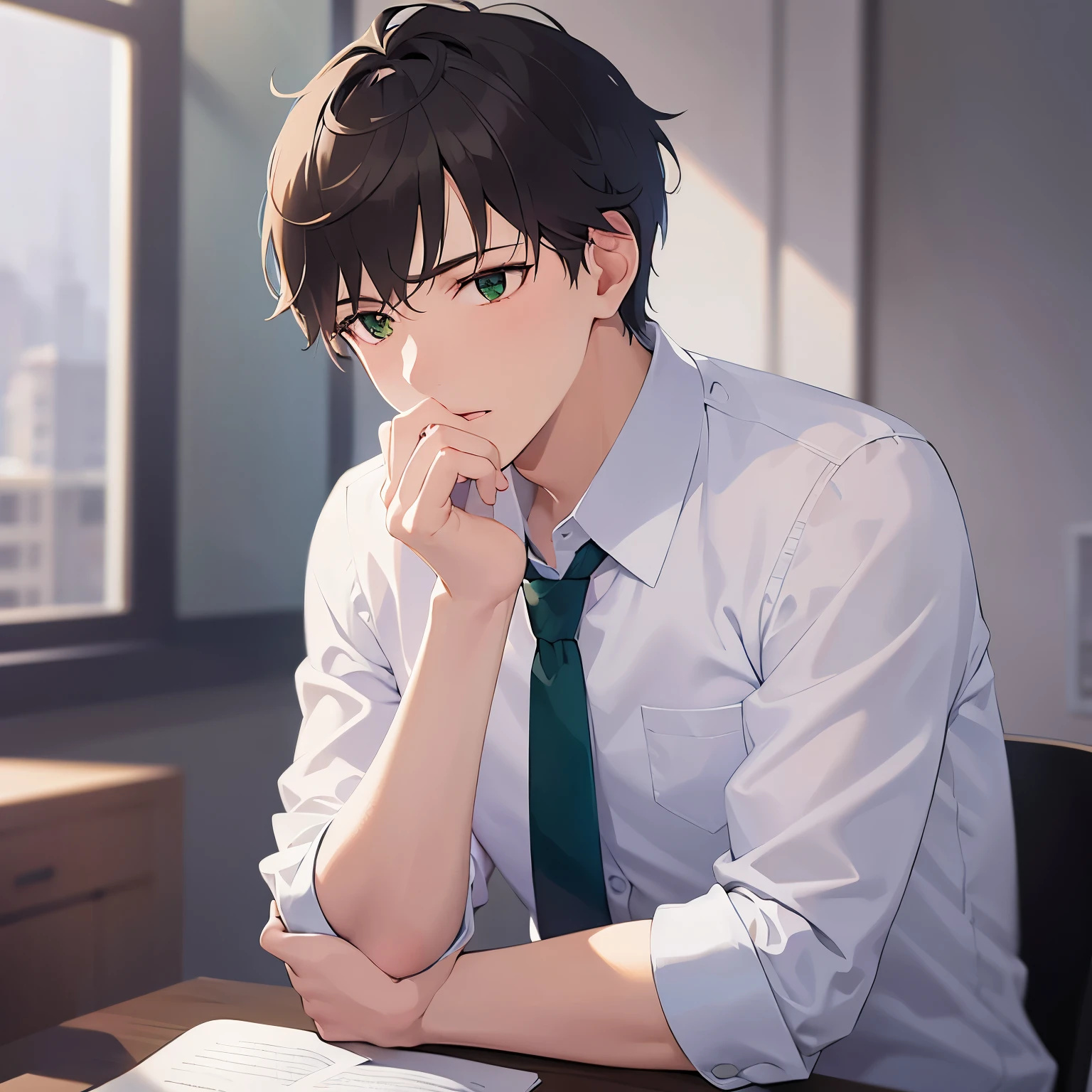 (looking away:1.5)Upper Body, Hands on the chin、
shiny skin, masterpiece、Highest quality、
BREAK (25-year-old male:1.5) and (Brown short hair) and (Green Eyes)BREAK
(white collared shirt) and BREAK(Green tie)BREAK
serious、The background is the conference room、(alone:1.5)