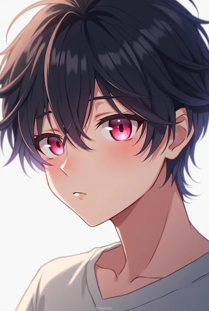 Create a Young Male, dark haired and pink eyed, with a calm and beautiful face. Make it in 2D anime style drawing