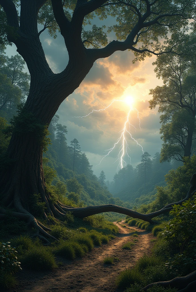 draw, thunder lightening, fallen tree, trail, middle earth fantasy, sun over clouds