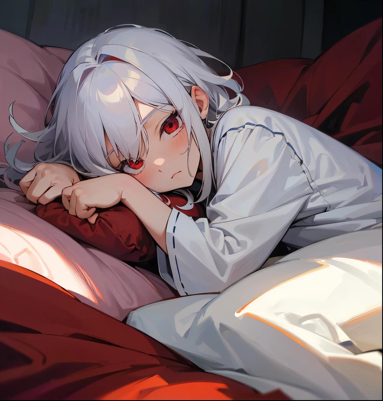 White-haired and red-eyed anime character lying on the bed,Cute expressions，front，Curled up in the quilt