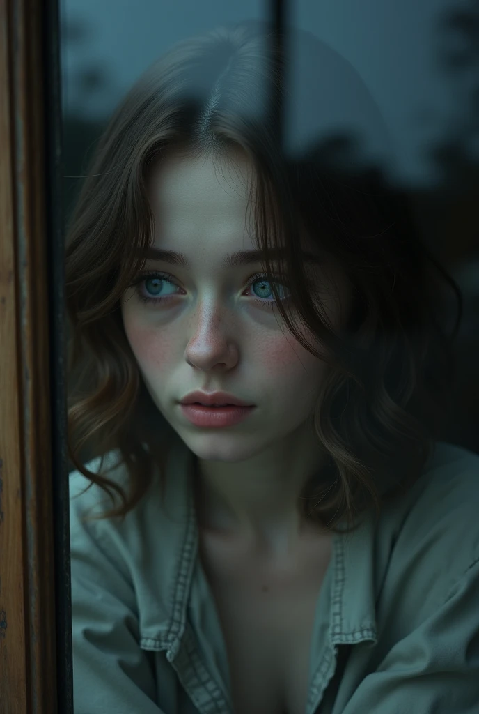 a woman with wavy brown hair and blue eyes peering out of a glass door with a sad look