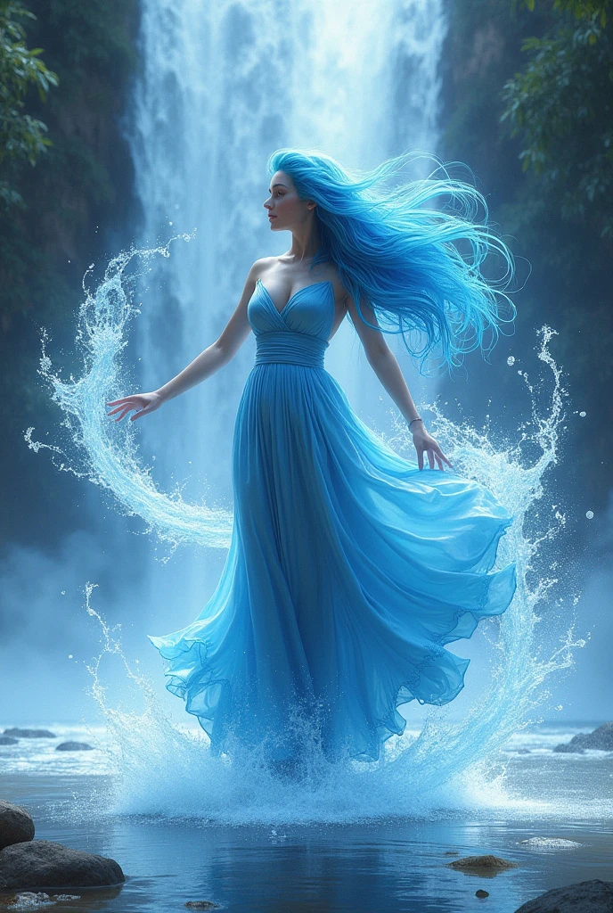 A woman with blue hair and a blue dress, in a waterfall, controlling water with his hydrokinetic powers