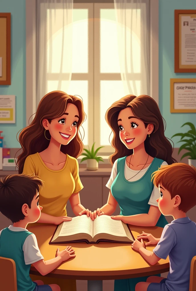 Two women holding a bible with children on either side in Sunday school in cartoons