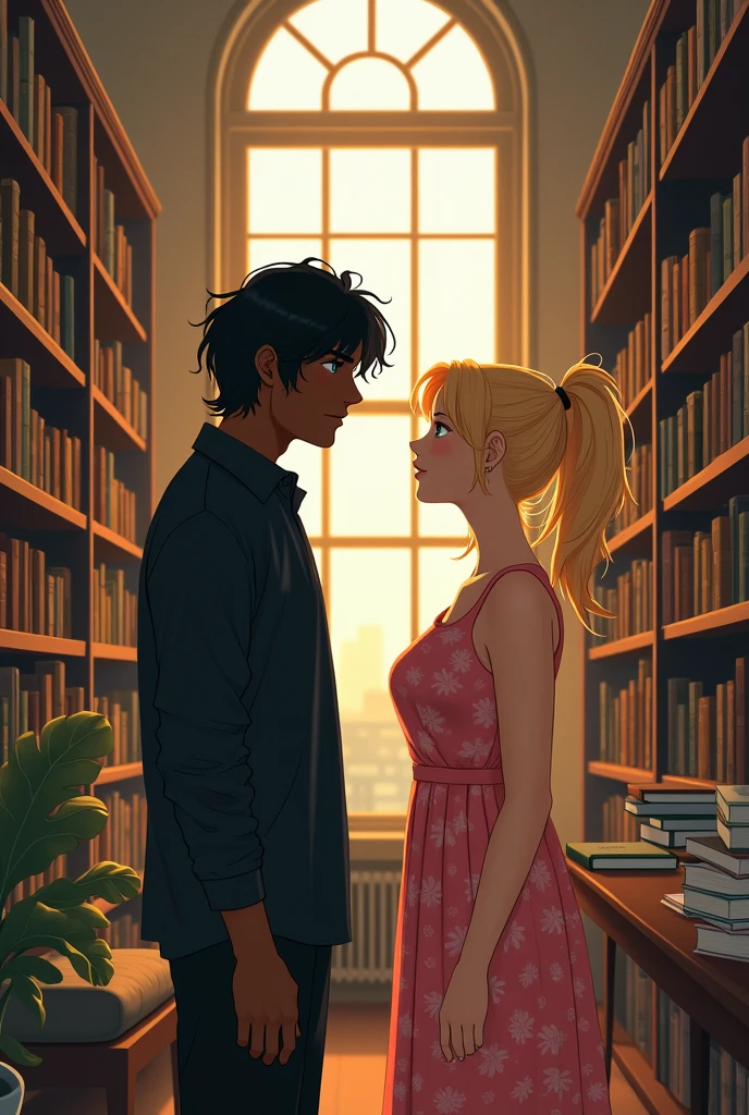 "Draw a library with a man and a woman talking. The man is tall, with medium length black hair, blue colored eyes, wears black clothes and has brown skin tone. The woman is chubby, with blonde hair and lighter highlights, tied back in a ponytail. She has a round face, big cheeks and is dressed in a pink flower dress. she has green eyes."