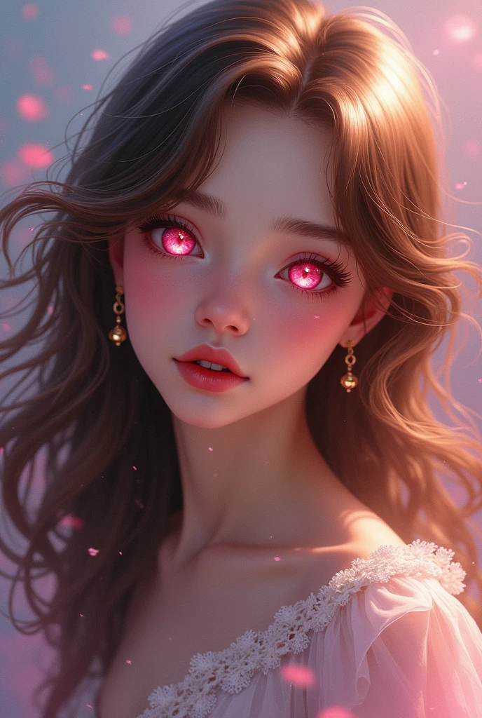 girl with brown hair and pink eyes
