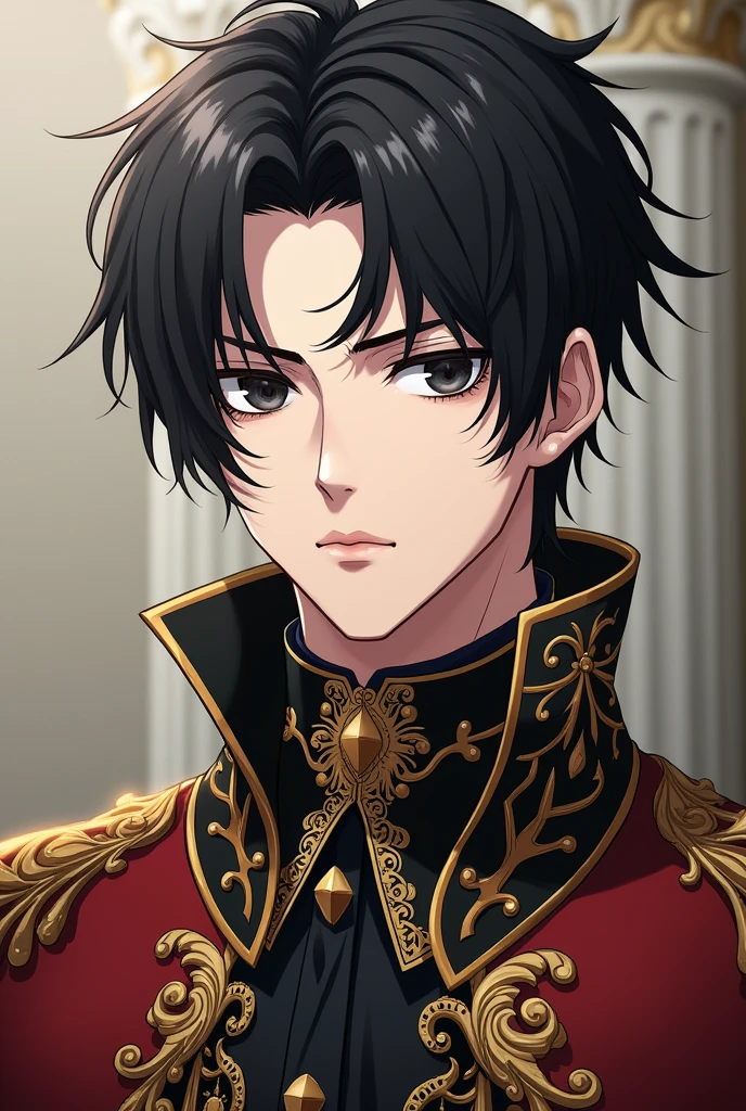 ชายAnimeผิวขาวอายุ 25 ปี กับศิลปะบลูล็อก, Black hair with a side part and a small volume, Forward at eye level, An indifferent expression with black eyes., Have a strong and well-defined body., An unattractive full-body front view, Change into an English nobleman's shirt, Beautiful face, Masterpiece, Anime, สไตล์Anime,