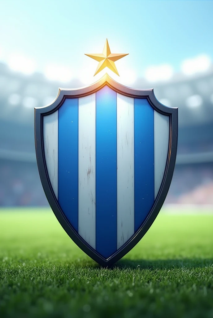 Can you create a football shield for me with 3 light blue stripes?, white and green and a star above the shield
