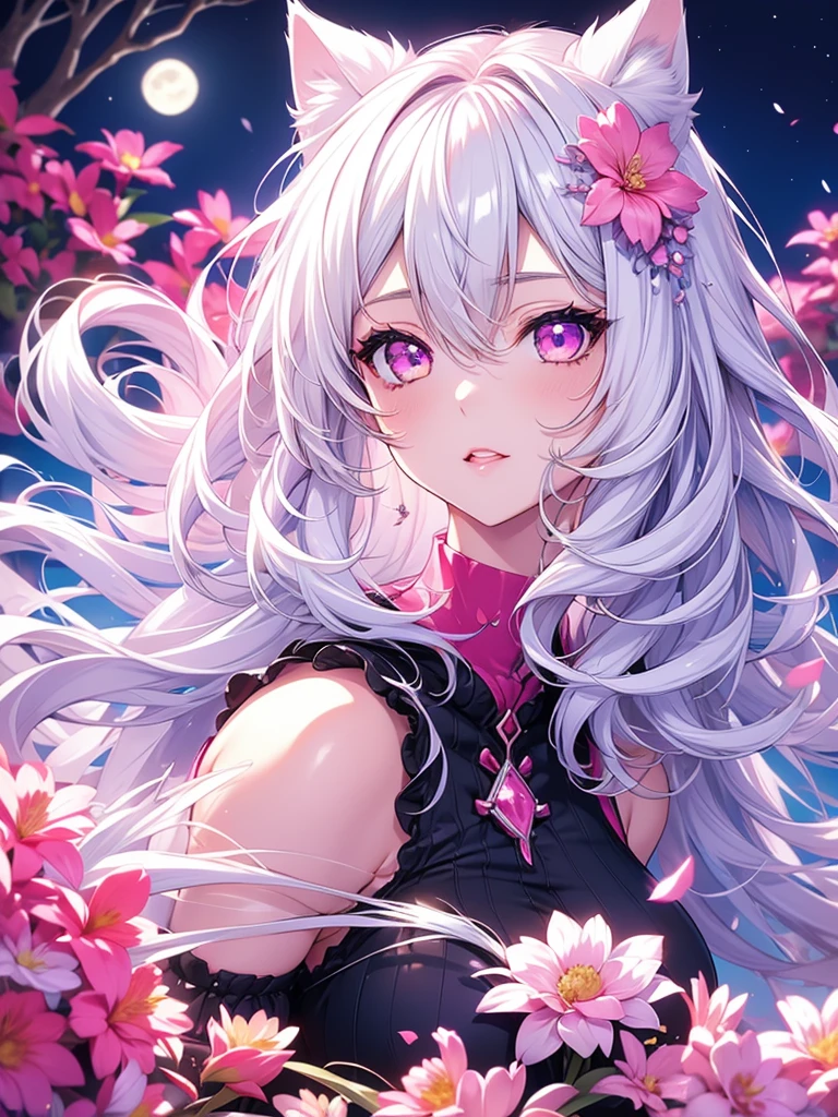 Cat ear,Awesome girl, Night moon Full moon, 1 female, Mature Woman, A woman with long silvery white hair, Pale pink lips, Calm, intellectual, Pink Eyes,Flower