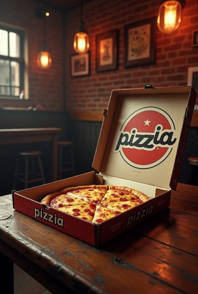 Estilo Hard Rock anos 80's. A rock pub, a table in front with a half-open mozzarella pizza box, missing slices and runny cheese. On the lid of the pizza box there is a logo with the name: "pizzIA"
