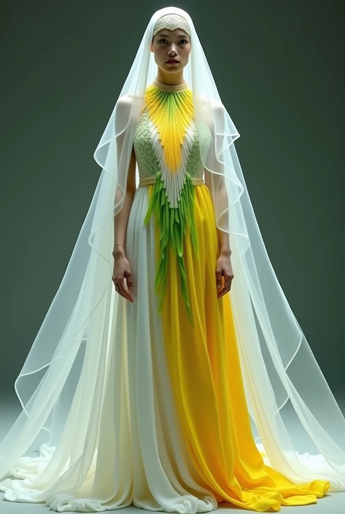 White Nun Flower Fancy Dress Costume, Yellow color on chest and head and the rest white and green