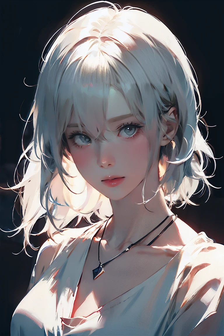 NSFW, woman with tattoo on chest, girl, Short white hair with bangs, Black strands of hair, Purple eyes, White T-shirt, Pendant around the neck. 超High resolution.Photorealistic. 超High resolution.Photorealistic:1.4,超High resolution.  Realistic，High resolutionで, masterpiece, Highest quality, Very detailed, Better Shadows, Volumetric lighting), super high quality, High resolution, 8k, Ultra-Realistic Portraits , Photorealistic, Dynamic Lighting, Volumetric lighting, Very detailed顔