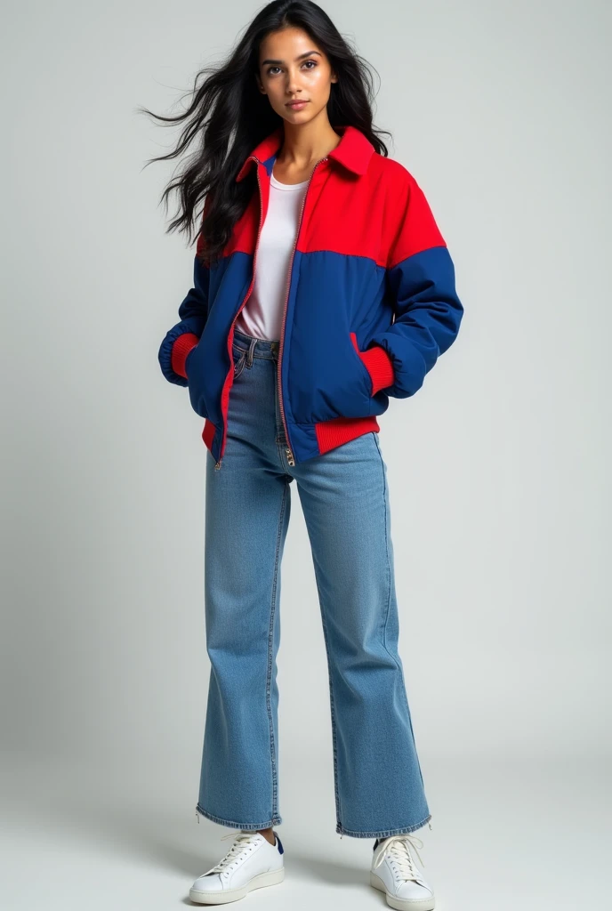 Make 18 year old hot styles cute and beautiful girls skin whaite brown eyes black hair and red blue colour jacket and blue colour jeans and white sneakers shoes and full size image 19:6