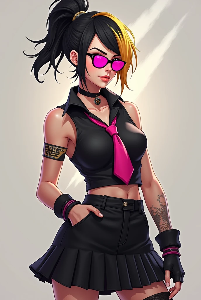 Free Fire game style female character, with black and gold hair half tied up and half loose on top of her head, wearing the sleeveless rocker model black blouse ,with tie, Black Skirt,wearing pink sunglasses