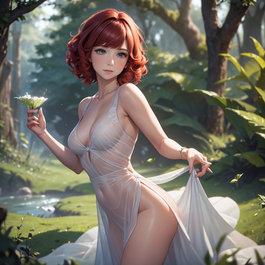 Lovely woman under drizzle, (elegant, Pretty Face), Transparent white dress, Forest Moss, (freckle:0.8), Flower field, , Red curly hair, Magical atmosphere, (short hair), ((Delicate skin, Texture)), Ultra Detailed, (Complex details, Fine details, Ultra Detailed), Ray Tracing, Subsurface scattering, (Fantasy underworld background), Diffuse soft light, Shallow depth of field, go through (Oliver Waite), Clear focus bokeh, (Realistic photo quality:1.4)