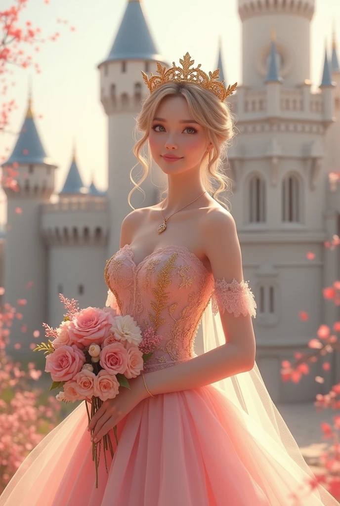 Beautiful and white young bule women wearing light pink royal dresses, wearing a golden crown, body and head position facing forward with a shy smile, bring beautiful flowers, castle background, half body