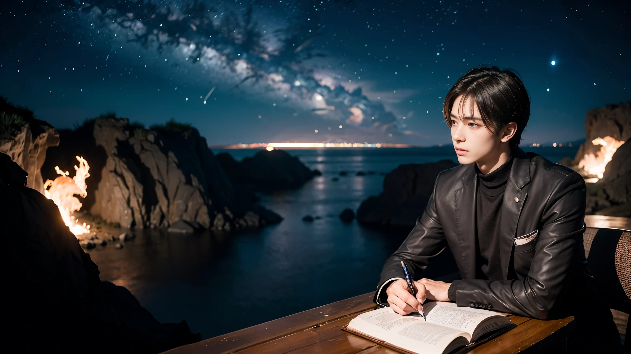 Drawing a young programmer, Sitting on a floating research platform in the middle of an asteroid belt. He is studying using a notebook, Surrounded by several asteroids that emit a fiery aura. Dramatic light from distant stars and planets illuminates the scene, Cast a deep shadow on the suit. Young people seem confident and determined, Gaze with wonder and reverence at the vast and mysterious universe,Facial hair, Cowboy Shot,