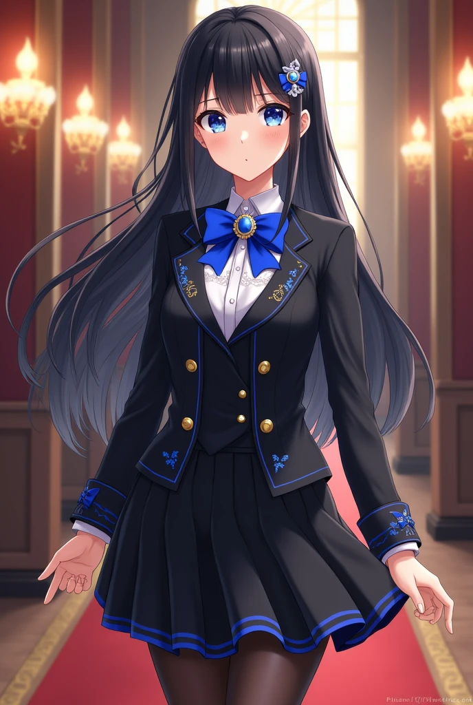 ANIME GIRL NOBLE WOMAN WITH BLUE EYES, BLACK HAIR, DREESING A ANIME GIRL NOBLE WOMAN WITH BLUE EYES, BLACK HAIR, DREESING For girls ..Blouse:
Style: Long-sleeved blouse with a high collar or Peter Pan style. The front opening can have royal blue buttons.
Fabric: Satin or silk.
Main color: Pearly white.
Details: Royal blue embroidery on the collar and sleeves. The bow can be in royal blue with a silver or gold brooch with the Solaria emblem.
Accessories and accessories:
Blazer or Jacket:
Style: Fitted blazer, in fine fabric.
Main color: Black.
Details: Royal blue embroidery on the seams and buttons. The Solaria emblem in gold or silver on the chest.
Lining: Royal blue for an elegant contrast.
Skirt:
Style: Pleated skirt that reaches just above the knee.
Main color: Black.
Details: Royal blue stripe or embroidery on the hem, with a subtle pattern of lines or sunbeams.
Tights:
Style: Tights covering the entire leg up to the waist.
Color: Black, no additional details.
Shoes:
Style: Mary Jane or Oxford style leather shoes.
Main Color: Black.
Details: Royal blue details, such as a buckle or a small emblem.. full body