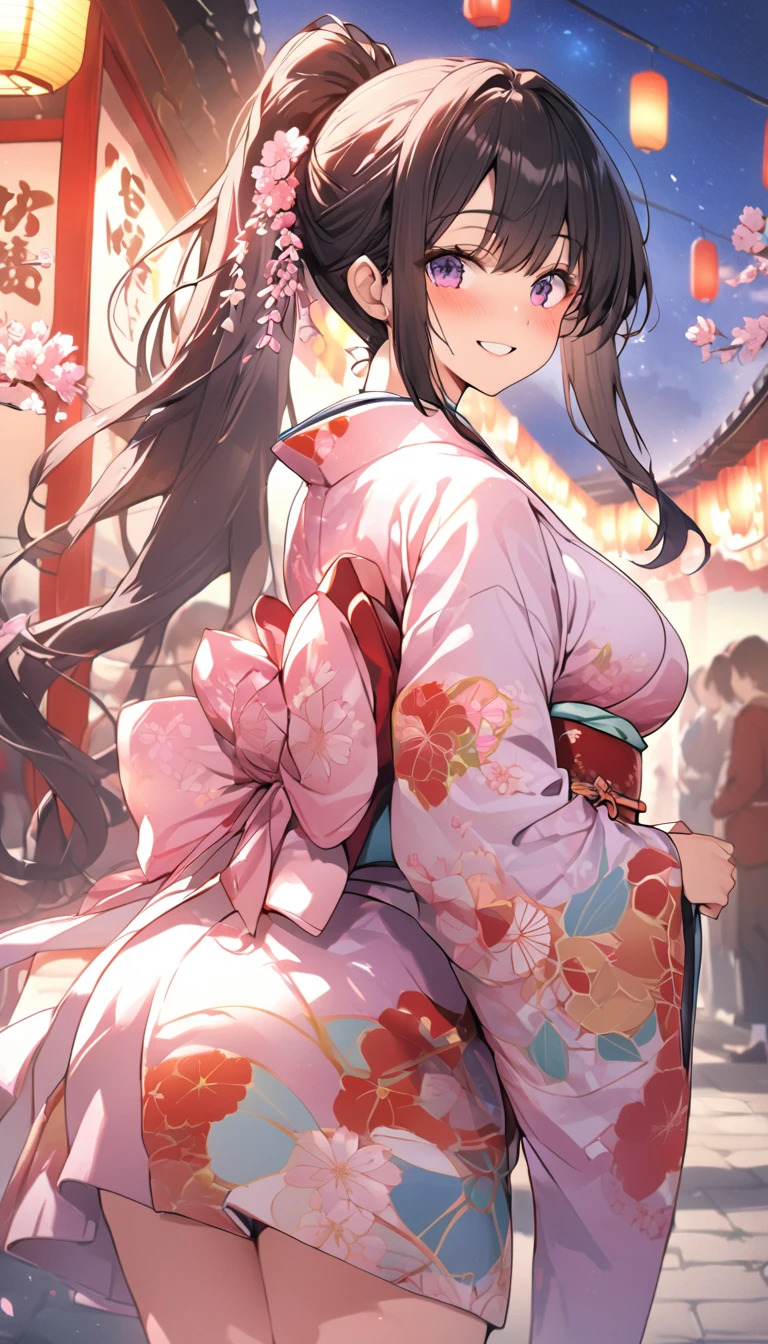 One Woman、beautiful girl、night、nightcherry blossoms、kimono、Beautiful patterned kimono、ponytail、Waraji、School、Back of the school building、spring、cherry blossoms々、はためくcherry blossomsの花びら、Long Hair、Highest quality、Ultra HD、Black Hair、smile、8 heads、White tabi socks、Japanese Umbrella、smile、Cowboy Shot、festival、Many food stalls、Beautiful views、Turn your body forward、Accentuate your breasts、Facing forward、Send a love letter to the audience