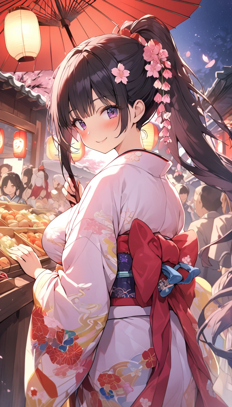 One Woman、beautiful girl、night、nightcherry blossoms、kimono、Beautiful patterned kimono、ponytail、Waraji、School、Back of the school building、spring、cherry blossoms々、はためくcherry blossomsの花びら、Long Hair、Highest quality、Ultra HD、Black Hair、smile、8 heads、White tabi socks、Japanese Umbrella、smile、Cowboy Shot、festival、Many food stalls、Beautiful views、Turn your body forward、Accentuate your breasts、Facing forward、Send a love letter to the audience