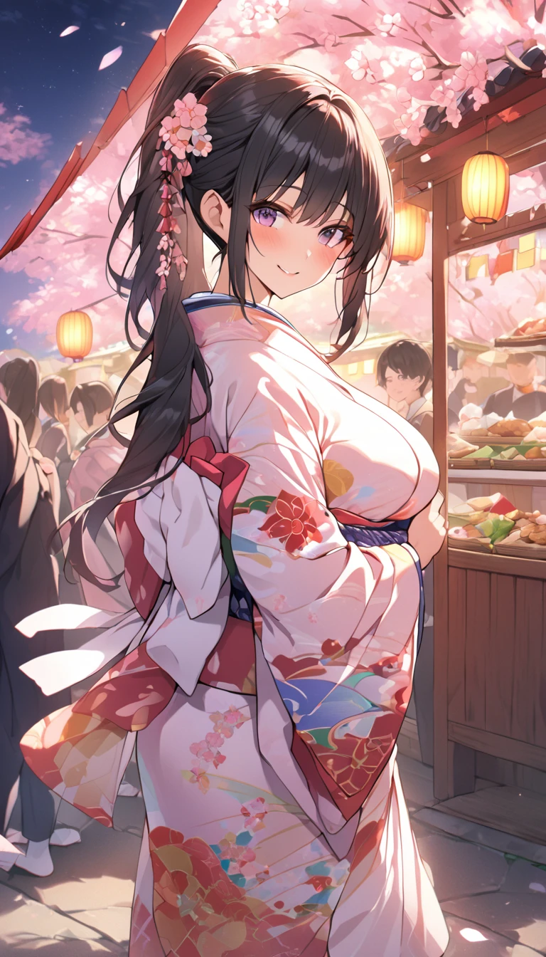 One Woman、beautiful girl、night、nightcherry blossoms、kimono、Beautiful patterned kimono、ponytail、Waraji、School、Back of the school building、spring、cherry blossoms々、はためくcherry blossomsの花びら、Long Hair、Highest quality、Ultra HD、Black Hair、smile、8 heads、White tabi socks、Japanese Umbrella、smile、Cowboy Shot、festival、Many food stalls、Beautiful views、Turn your body forward、Accentuate your breasts、Facing forward、Send a love letter to the audience