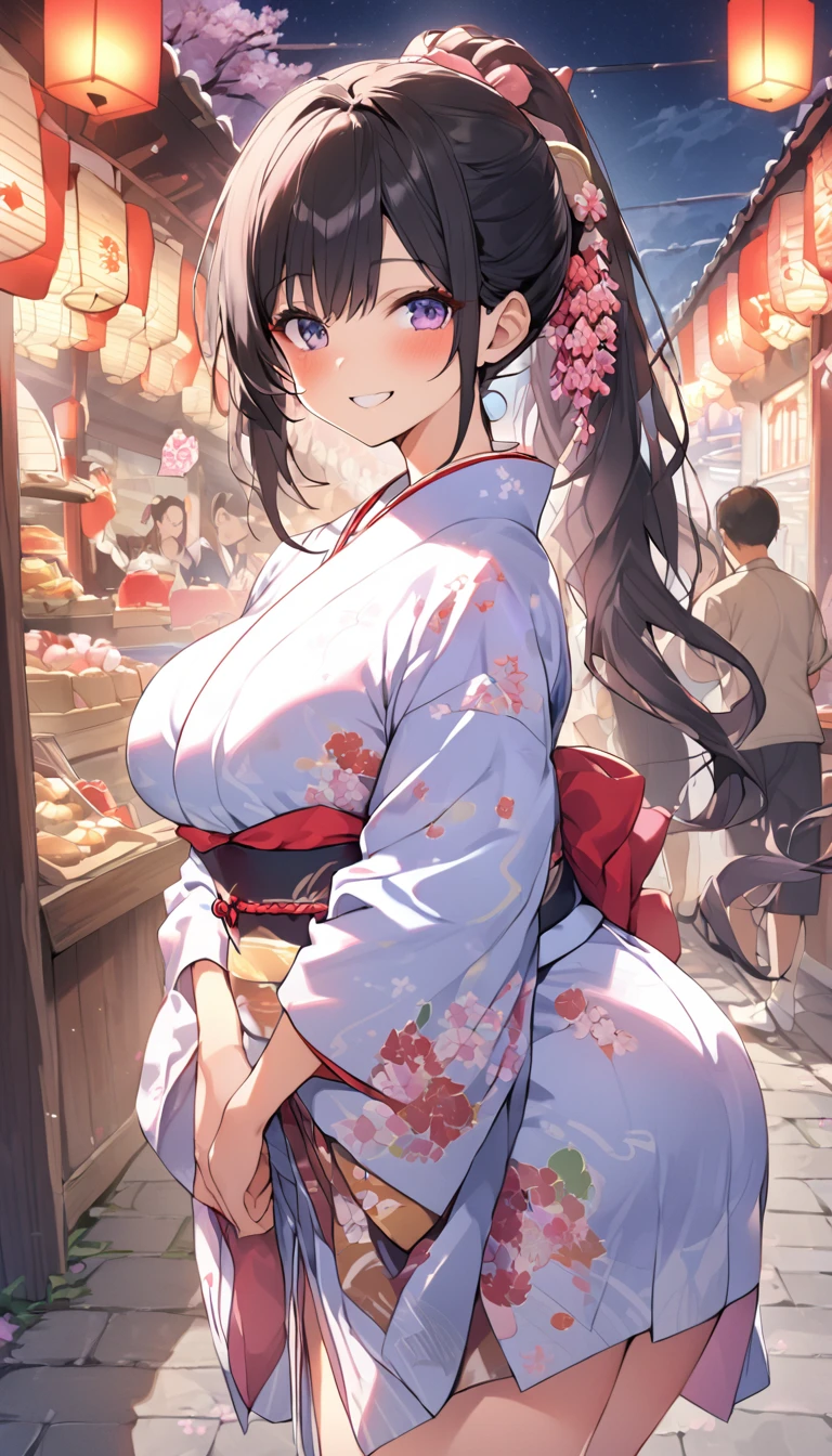 One Woman、beautiful girl、night、nightcherry blossoms、kimono、Beautiful patterned kimono、ponytail、Waraji、School、Back of the school building、spring、cherry blossoms々、はためくcherry blossomsの花びら、Long Hair、Highest quality、Ultra HD、Black Hair、smile、8 heads、White tabi socks、Japanese Umbrella、smile、Cowboy Shot、festival、Many food stalls、Beautiful views、Turn your body forward、Accentuate your breasts、Facing forward、Send a love letter to the audience