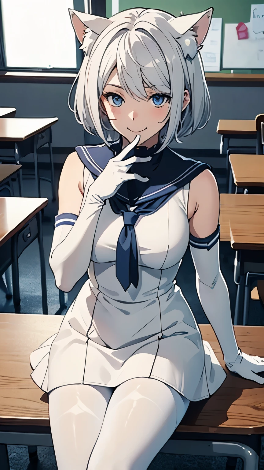 Tabletop　High resolution　Best image quality　8k　 Adult female　Anime Style　White long gloves(Elbow Gloves)　White Sailor Suit（Sleeveless）　White pantyhose　White wolf ears　short hair（（Shortcuts）（Gray Hair）（Perm）（fluffy））　blue eyes　smile（（Open your mouth））　classroom　Sit on a chair　take off shoes