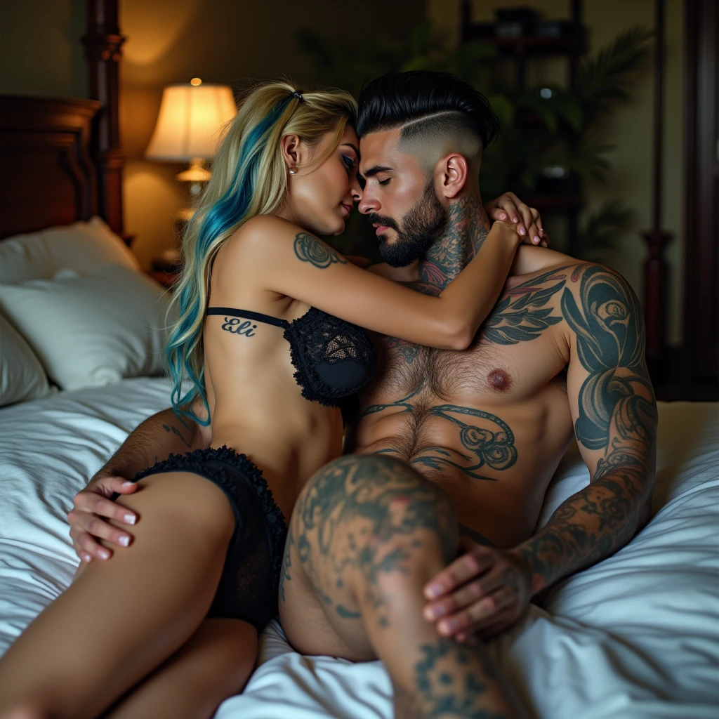 High resolution, multiple views, vivid, hd, zoomed out, a gorgeous, Caucasian woman, long blonde hair with blue hair ends, blue eyes, beautiful makeup and contour, tattoos, “Eli” tattoo on collarbone, big breasts, seductively kissing on a bed, wearing lace lingere, kissing a handsome white man with jet black hair with skin fade, short black beard, tattoos, hickies on neck, blue eyes, athletic build, muscles, no pants, hand gripping her waist and throat