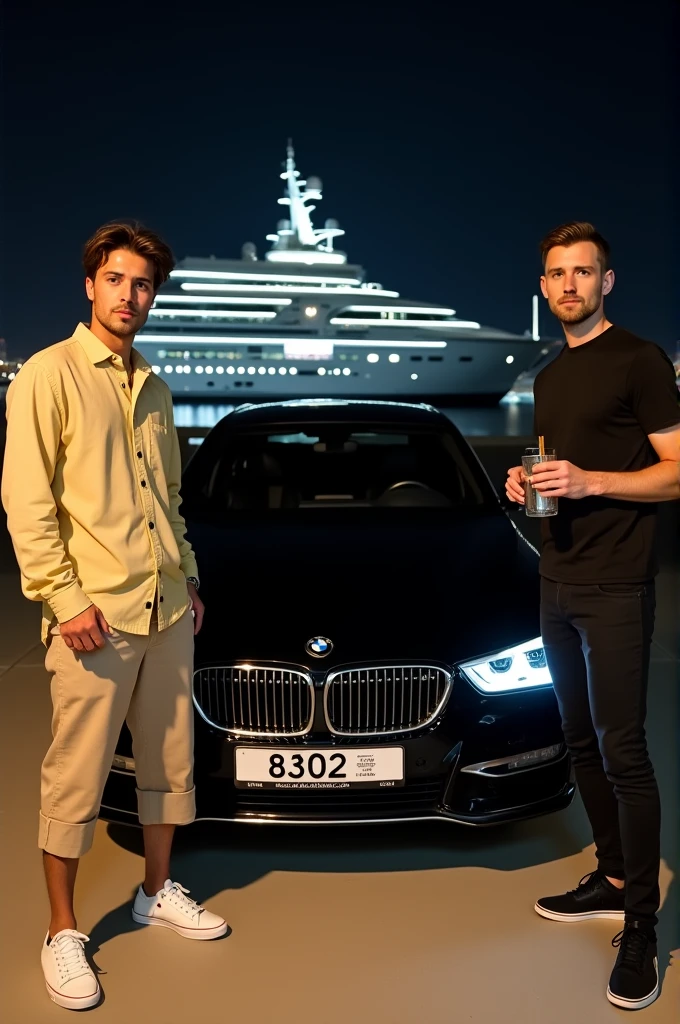1. Location and Background:
- The photo is taken at night, likely at a marina or luxury dock area.
- In the background, there is a large yacht, brightly illuminated with modern, sleek lighting, creating a striking contrast with the night sky.
- The yacht's lights give off a sophisticated ambiance, reflecting on the water and highlighting the luxurious setting.
2. The Car:
- In the foreground, there's a sleek, black BMW sports car parked directly in front of the two men.
- The car has a glossy finish, which reflects the lights from the surrounding area, adding to its polished appearance.
- The car's front grille is prominently displayed, featuring the BMW logo in the center.
- The license plate is visible and reads "8302," with a European-style design, suggesting a possible location in Europe.
3. The Men:
- Man on the Left:
- He is standing to the left of the car, wearing a loose-fitting, light yellow or beige long-sleeve shirt, which is casually buttoned up.
- He pairs this with cropped beige or light tan pants that end just above his ankles.
- On his feet, he wears white, low-cut sneakers, which match the casual yet stylish look.
- His hair is medium length, slightly tousled, and he has a serious or neutral expression on his face.
- In his right hand, he holds a glass bottle tilted downward, pouring liquid (possibly milk) onto the ground.
- Man on the Right:
- He is standing to the right of the car, dressed in an all-black outfit, consisting of a fitted black t-shirt and skinny black pants.
- He is wearing black sneakers, completing the monochromatic look.
- His hair is slightly shorter than the man on the left, styled neatly.
- He has a more relaxed expression, perhaps with a hint of a smile.
- In his right hand, he holds a metallic or glass cup, also tilted downward, pouring liquid (again, possibly milk) onto the ground.
4. The Ground:
- The ground appears to be a smooth, paved su
